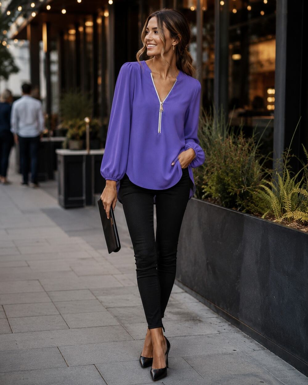 Premise Studio Purple Half Zip Balloon Sleeve Blouse Women M Work Top